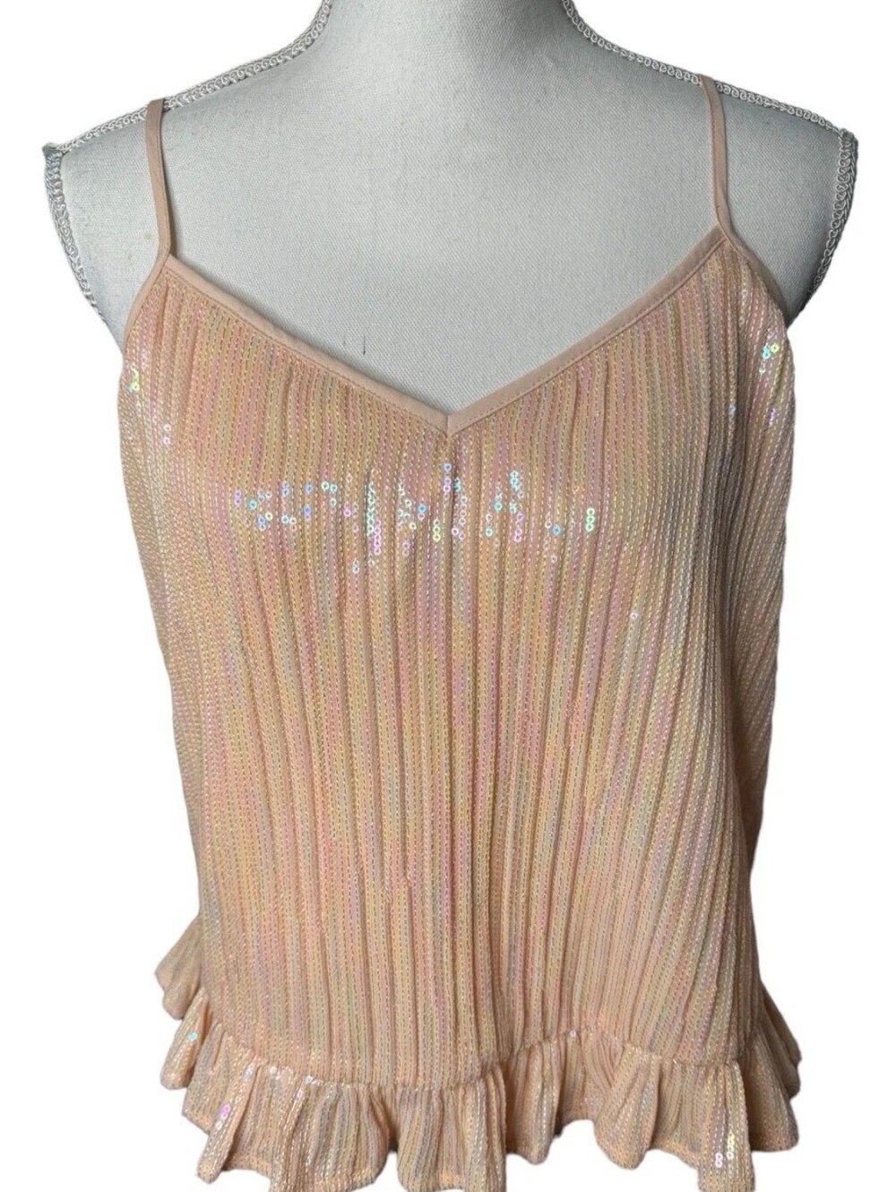 Anthropologie Amelie Sequin Shimmery Blush Pleated Ruffle Spaghetti Cami Top- 10 - Picture 12 of 14